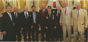 Left to right: Han Dong-man, Consul General of the Republic of Korea, San Francisco; J. Michael Myatt, MajGen, USMC (Ret) and President, Marines' Memorial Association and Club, and KWMF Board member; Donald F. Reid, Sgt, USMC and KWMF Treasurer; Man J. Kim, Cpl, ROKA and KWMF Vice President; Denny Weisgerber, GySgt, USMC (Ret) and Navy Cross recipient; Bruce Kim, MSgt, ROKMC and ROK Medal of Honor recipient; John R. Stevens, LtCol, USMC (ret) and KWMF Secretary; Quentin L. Kopp, former Superior Court Judge, San Francisco Supervisor, and State Senator, and KWMF Board member; and Pete McCloskey, Col, USMCR (Ret), Navy Cross recipient, former U.S. Congressman, and KWMF President and Chairman of the Board